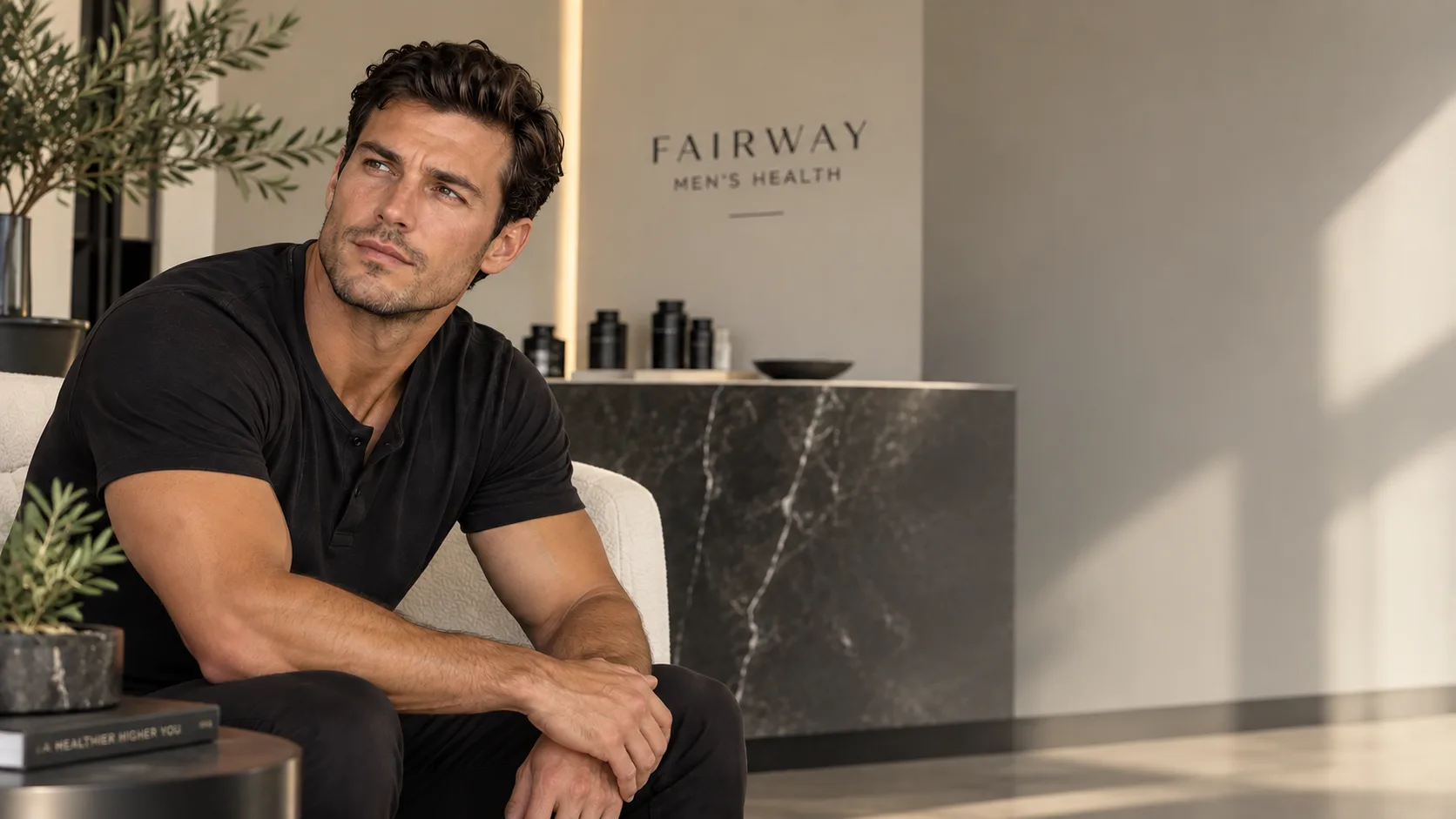 Man seated in the Fairway Men's Health lobby - Brotox dewrinkle treatment for men in Cottleville, Missouri