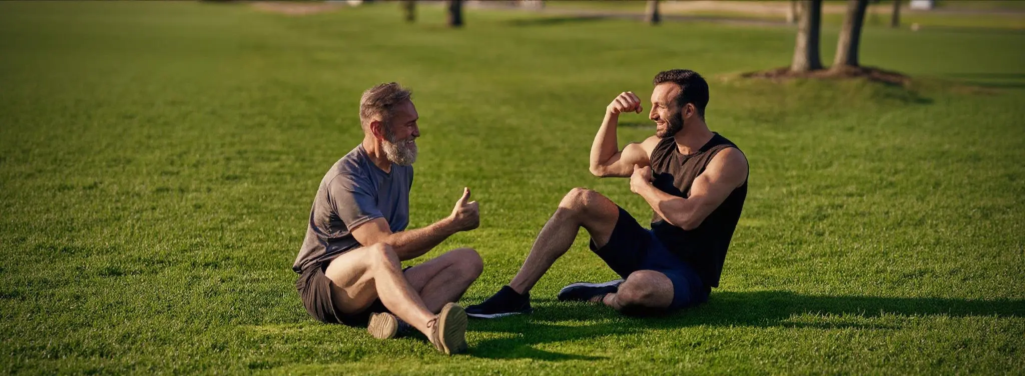 Man flexing muscles with father giving thumbs up - satisfied TRT patients transforming lives